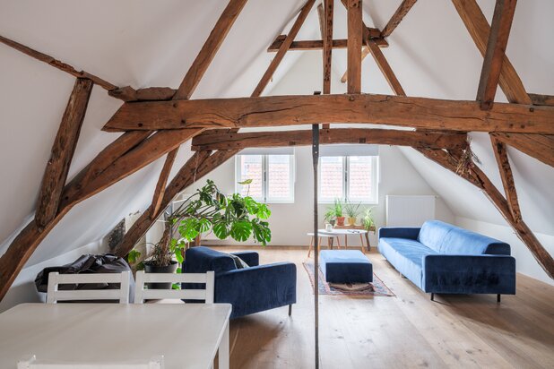 Bijzondere opbrengsteigendom bestaande uit een dakappartement en drie afzonderlijke kamers met eigen sanitair