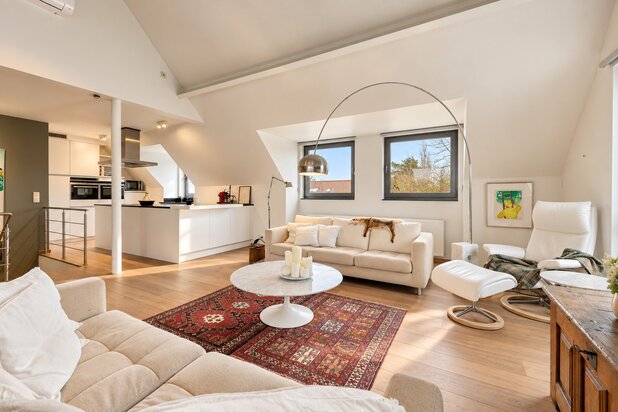 Groot zonnig duplex dakappartement met drie terrassen, twee slaapkamers, twee badkamers en parking.